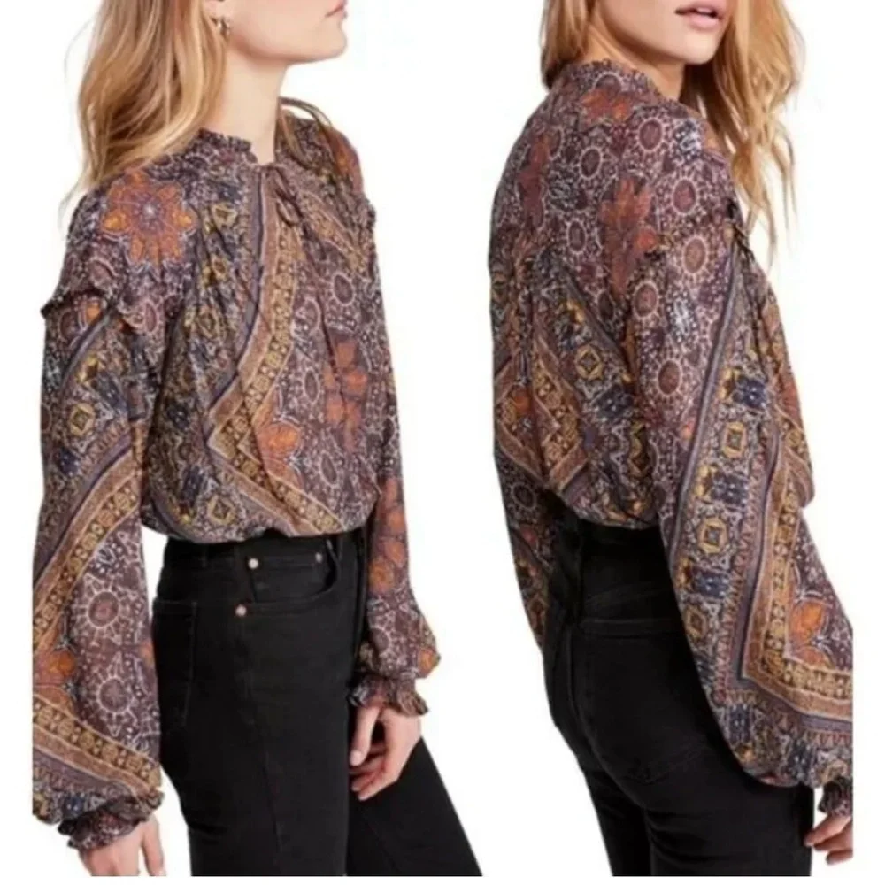 Free People Little Runaway Blouse Long Sleeve Ruffle Collar V-neck Boho Size
